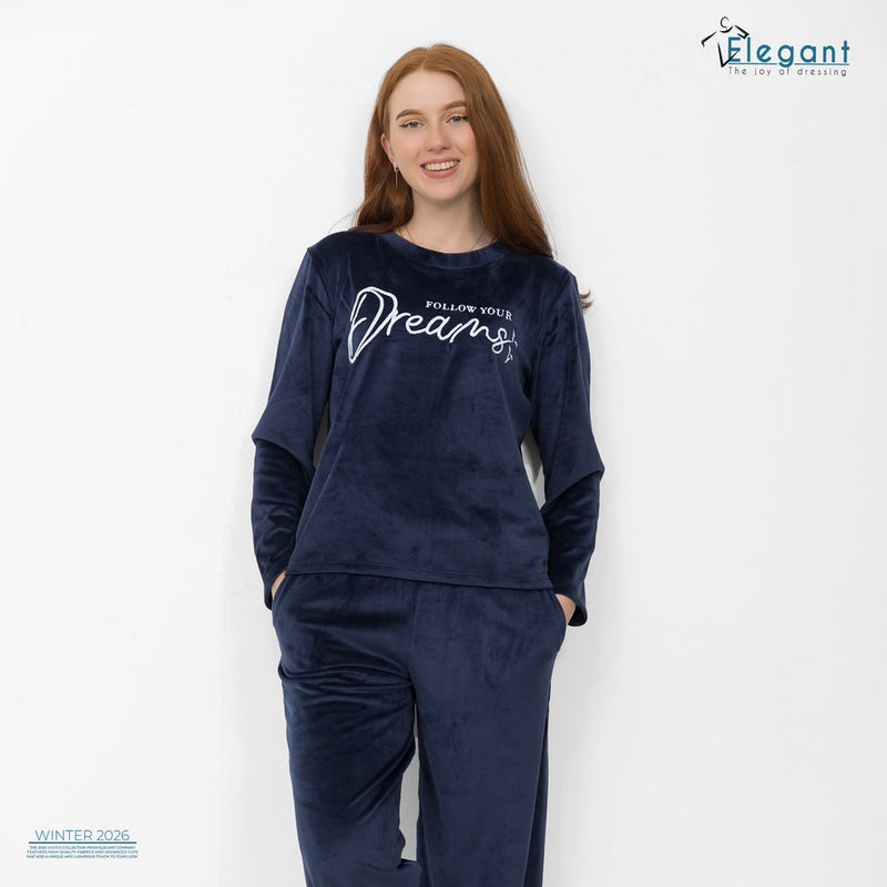 Elegant WIDE LEG Velvet Embroidery Pyjama - Navy-Follow Your Dreams - Image 1